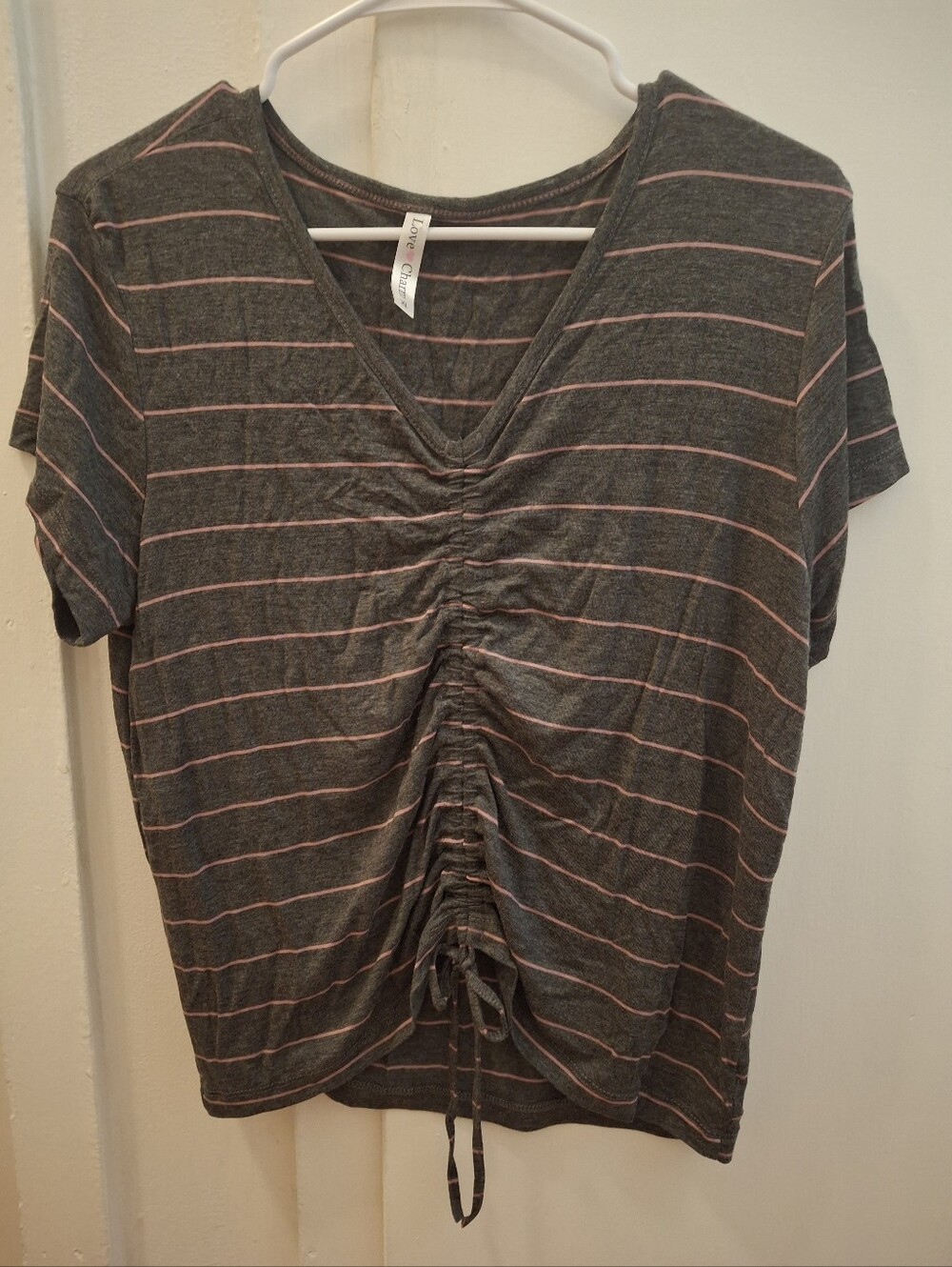 Grey Striped V-Neck Ruched Women’s Top
